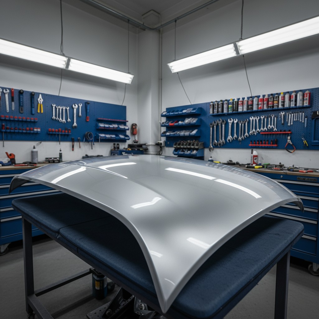 Une voiture dans un atelier.