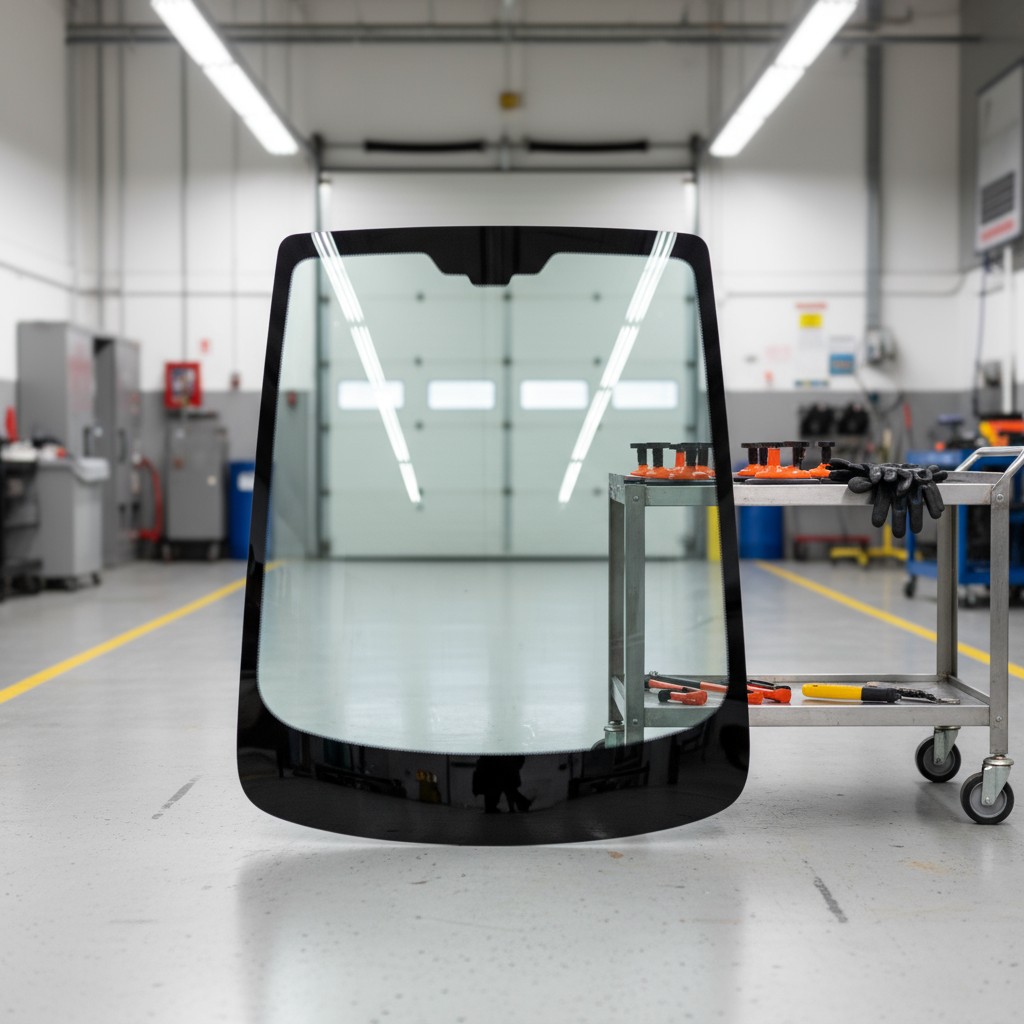 A section of glass viewed at an angle featuring a reflection on the bottom, situated in a workshop-like setting.