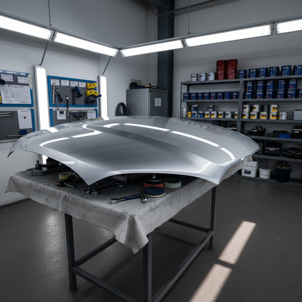 The alt text for the image is: "Atelier de peinture automobile et retrait de carrosserie."