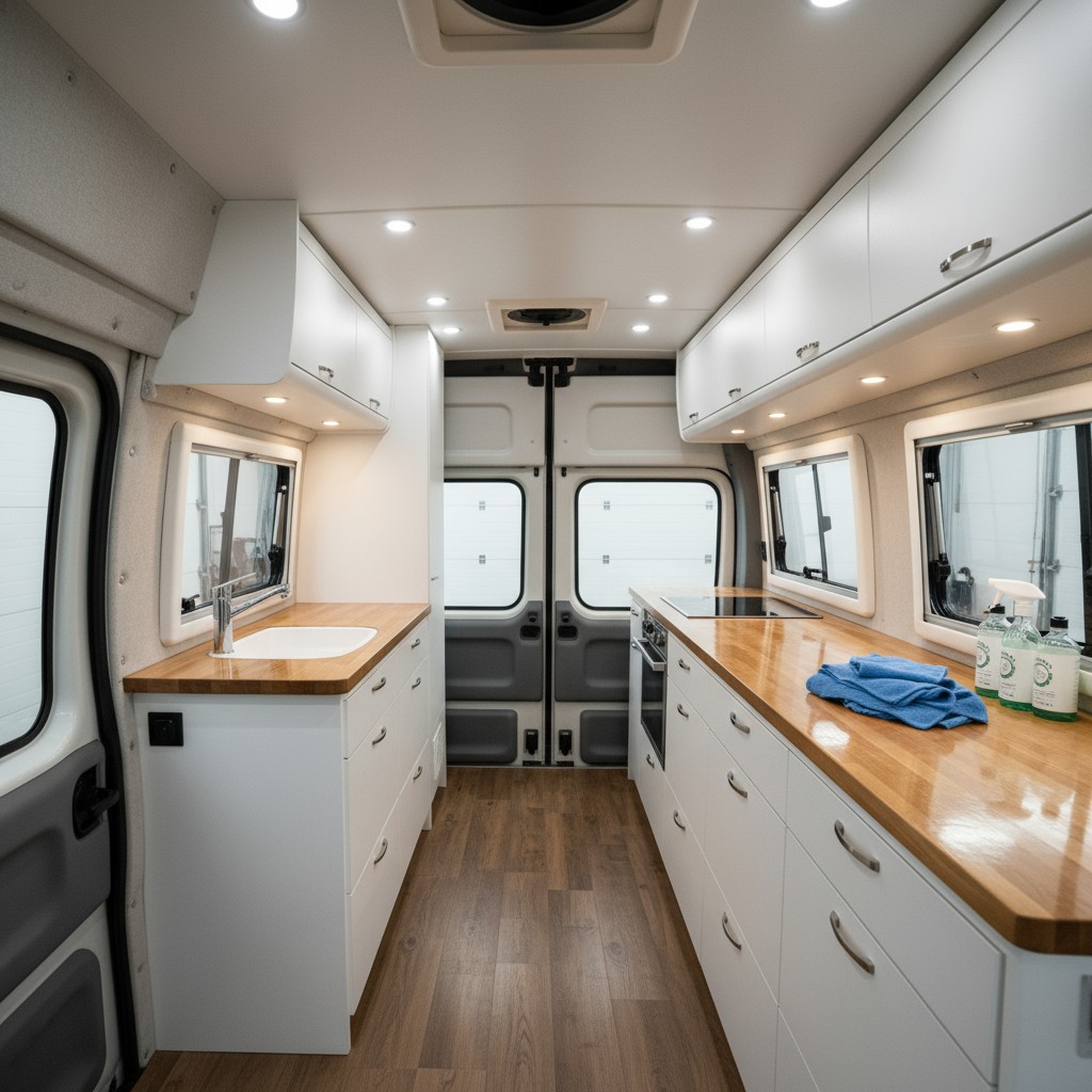 Definition of a van. Van kitchen interior, wood countertops, biomedical equipment.